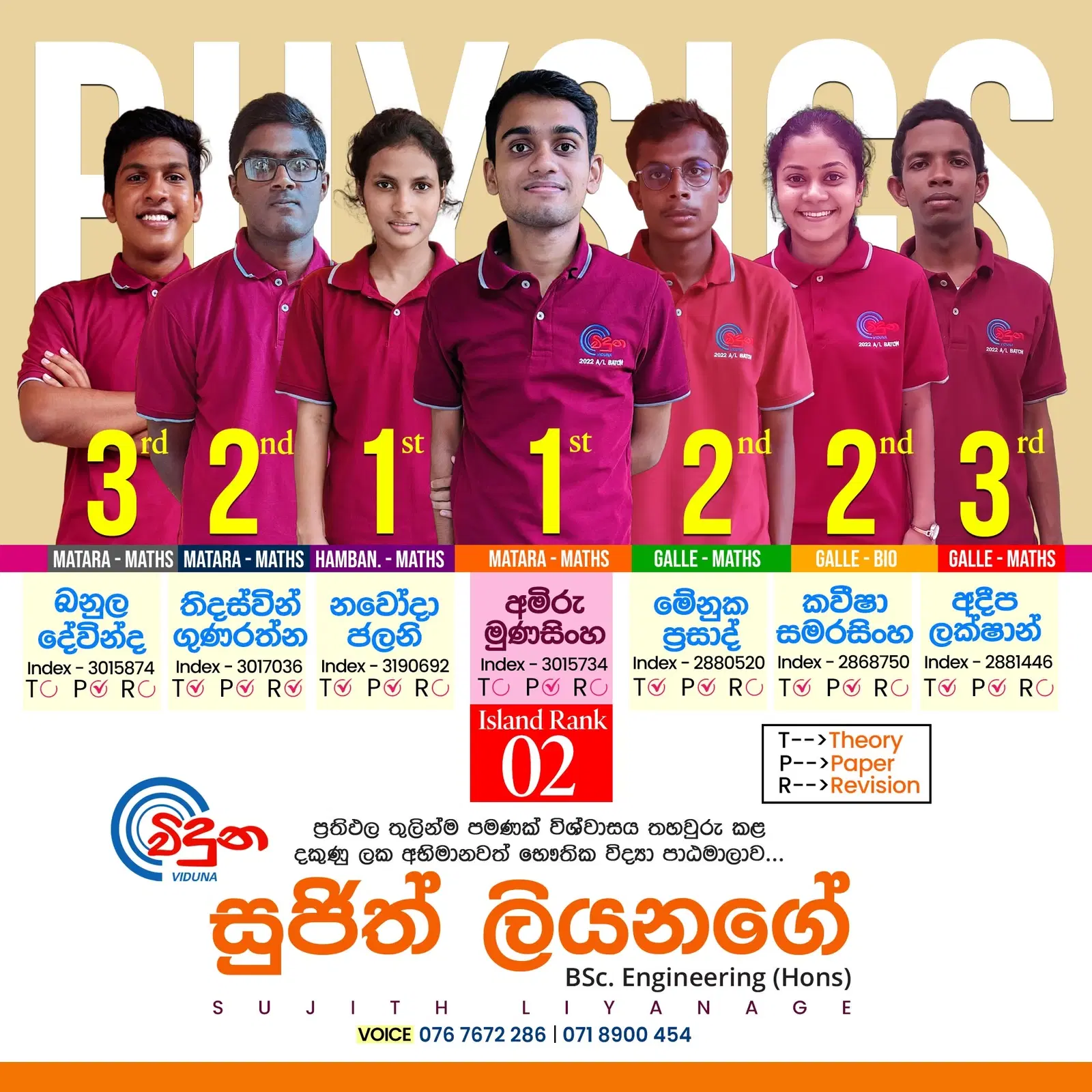 2022 උසස් පෙළ ප්‍රතිඵල පෝස්ටරය: දිස්ත්‍රික්ක ප්‍රථම ස්ථාන ලැබූ සිසුන් හත් දෙනෙක්, විභාග අංක සමඟ. දිවයිනේ 02 වන ස්ථානය ද ඇතුළත්ය.